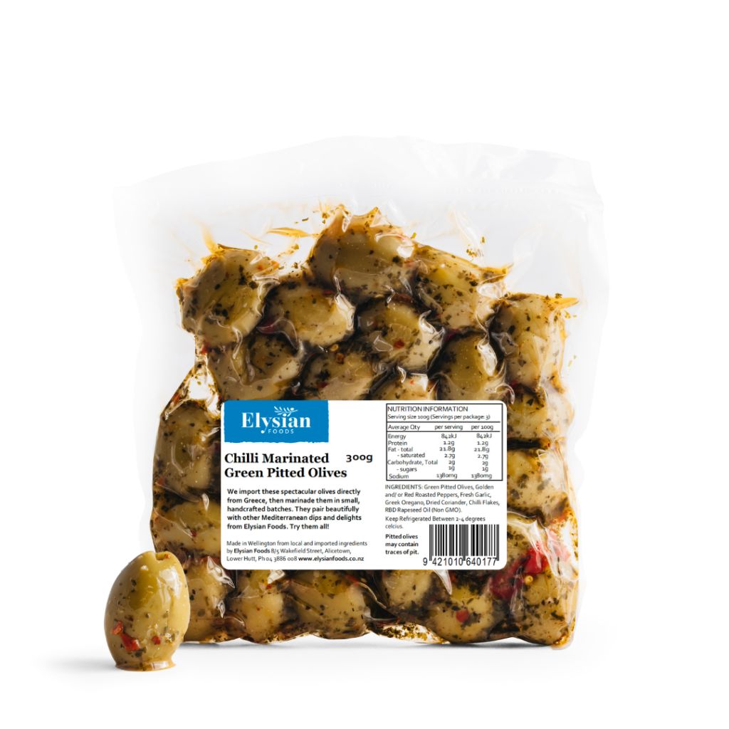 Chilli Marinated Green Pitted Olives 300g retail pack
