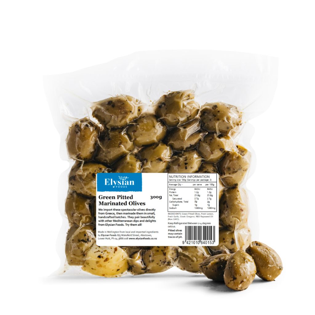 Green Pitted Marinated Olives 300g retail pack